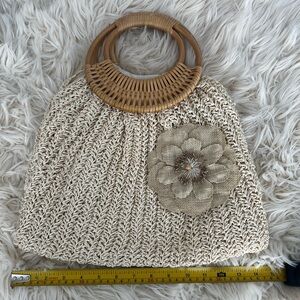 Neutral Straw Tote with Floral Accent and Wood Handles